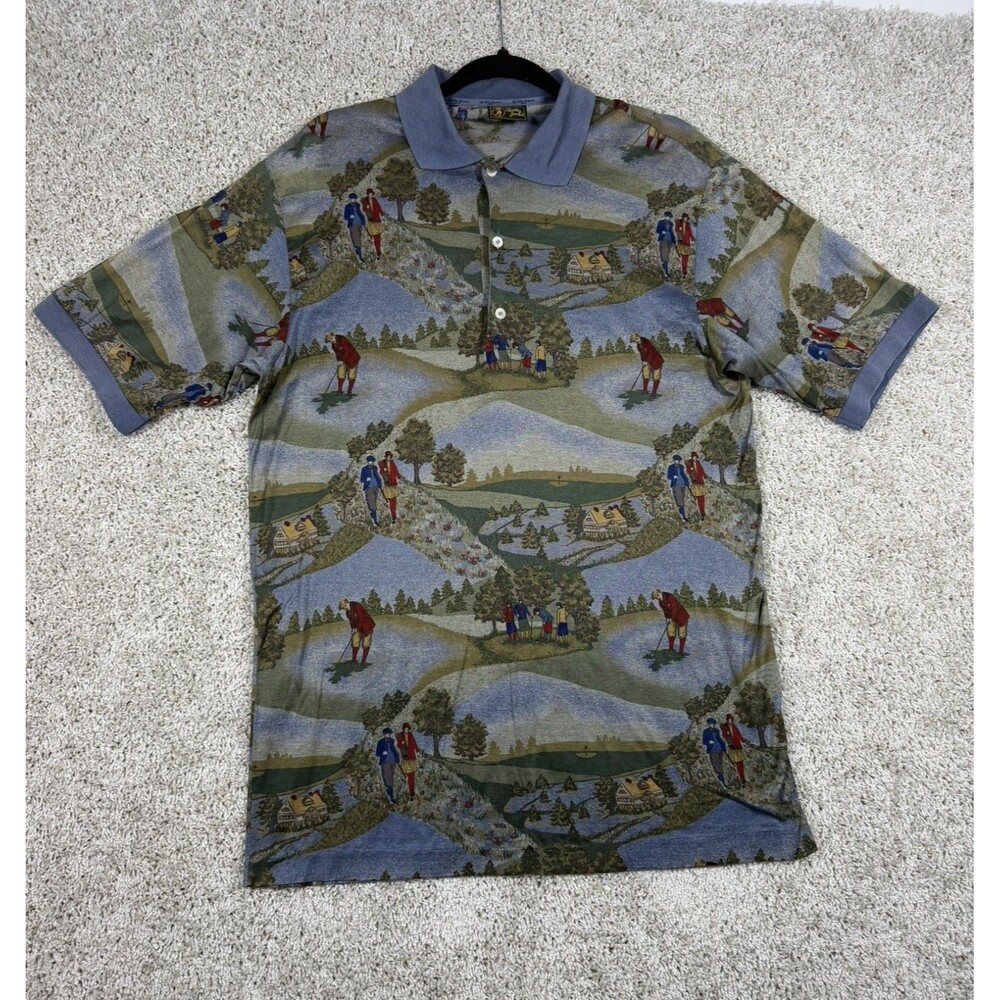 Bobby Jones Golf Polo Shirt Mens M Italy Scenic Print 100% Cotton
